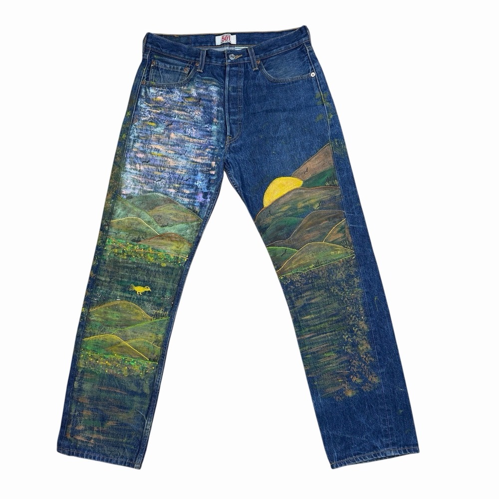 Vintage Y2K Levi's 501 Jeans Hand Painted Landscape Wearable Art OOAK Upcycled